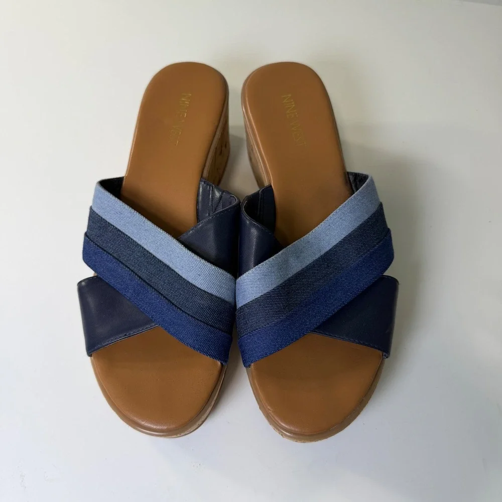Nine West Xach Aryo Blue Denim Cork Wedge Platform Sandals Womens‎ 8M